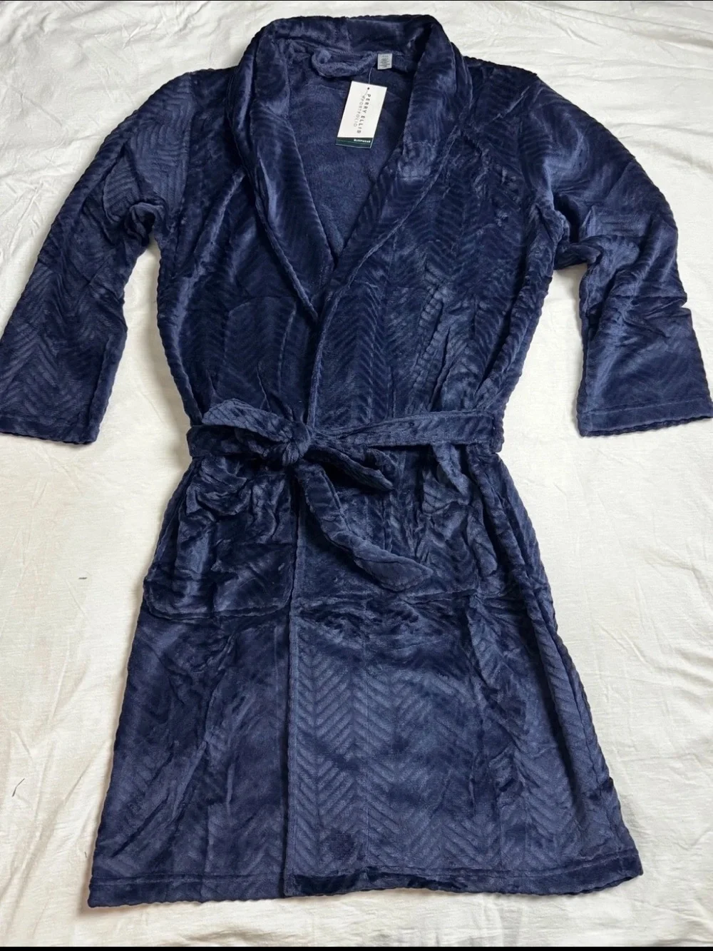 Perry Ellis Men's Herringbone Textured Soft Fleece Robe Navy Blue NEW O/S